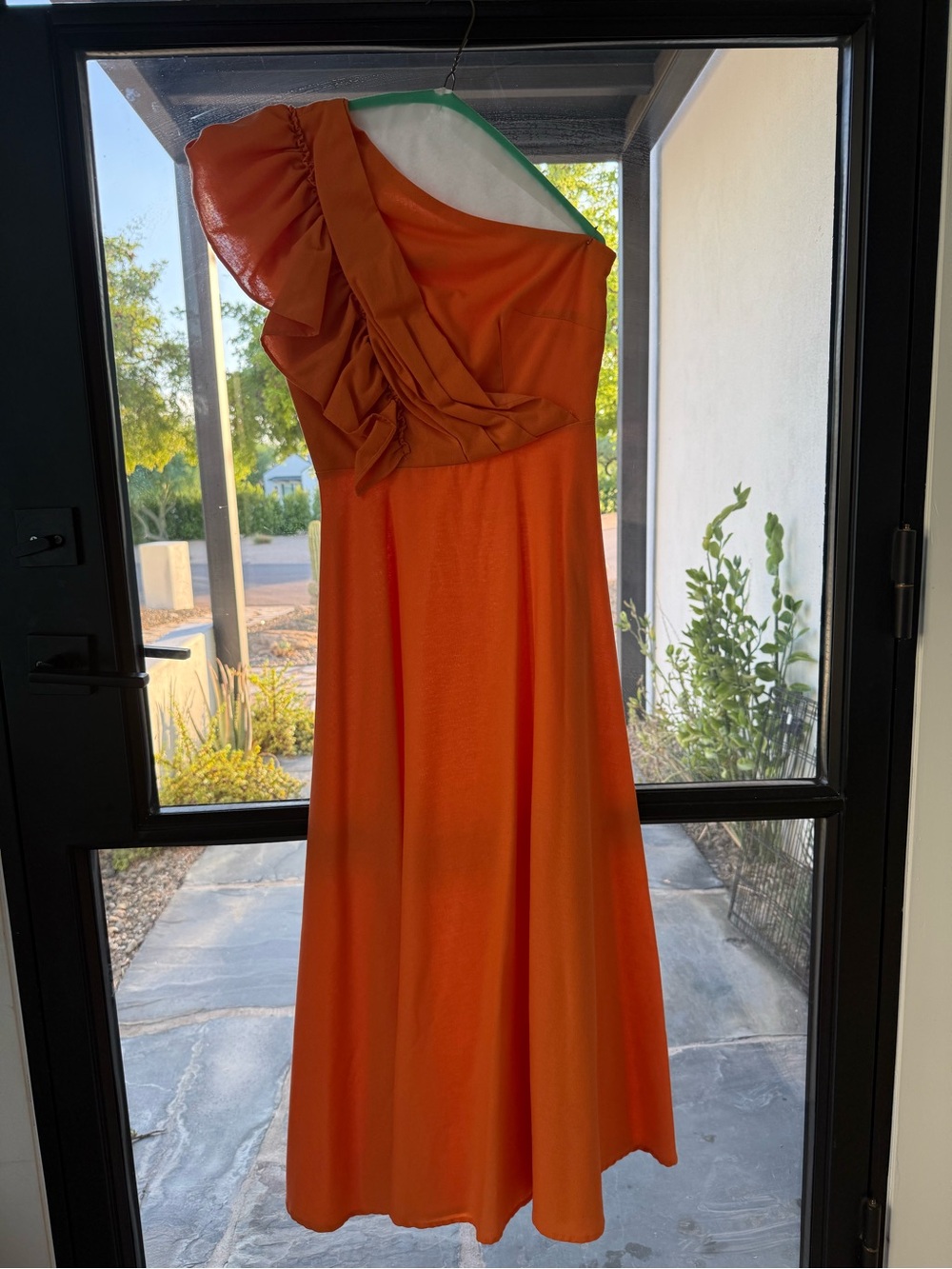 One-Shoulder Orange Cocktail Dress with Ruffle Detail